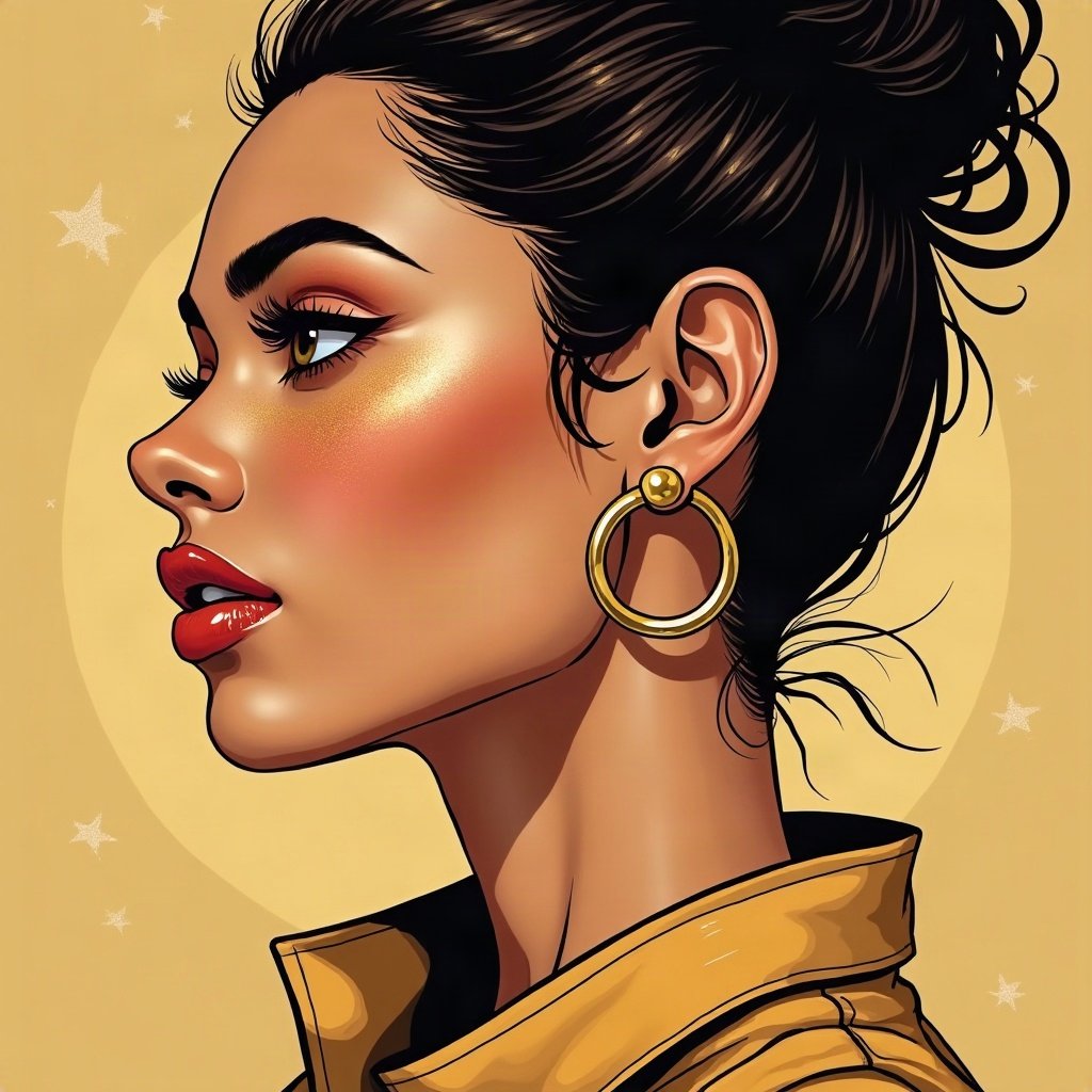 Baddie PFPs — glossy lips and gold hoop earrings profile, champagne gold shimmer, sparkle highlights
