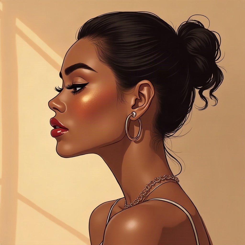 Baddie PFPs — glossy lips and gold hoop earrings profile, champagne gold shimmer, soft smoke