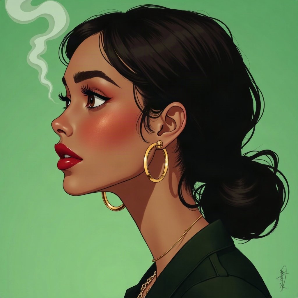 Baddie PFPs — glossy lips and gold hoop earrings profile, money-green accent lighting, soft smoke