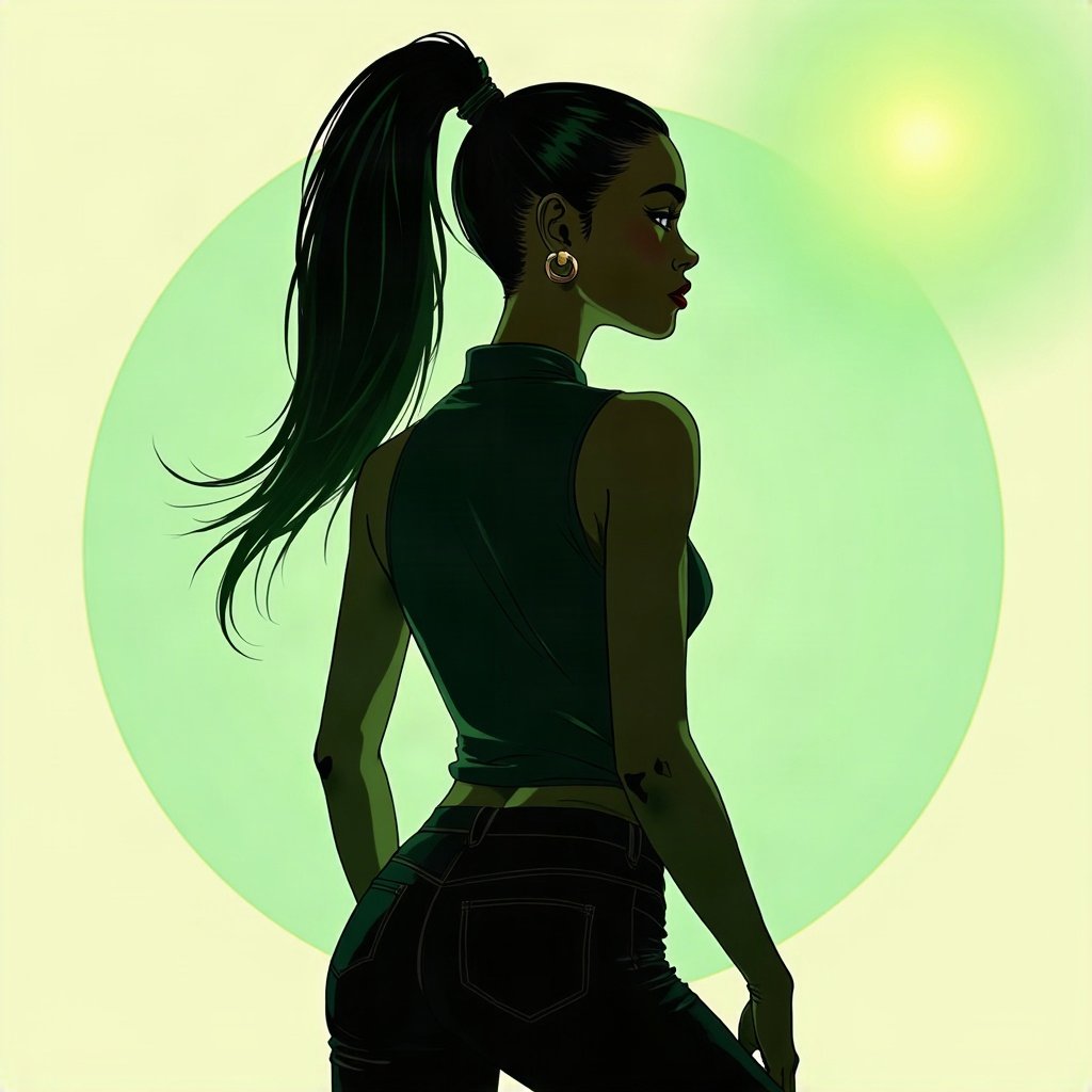 Baddie PFPs — sleek high ponytail silhouette, money-green accent lighting, chrome accents
