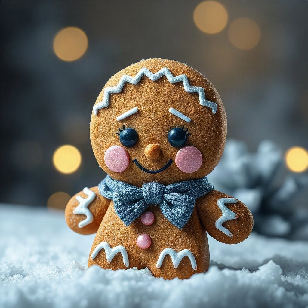 christmas pfp — gingerbread character smiling, cozy claymation look, icy blue and silver