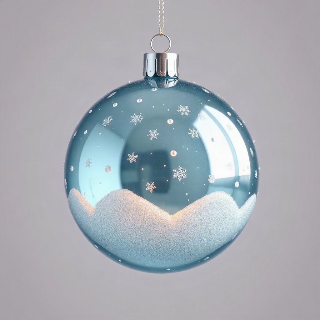 christmas pfp — glossy ornament ball with snow reflection, cozy claymation look, icy blue and silver