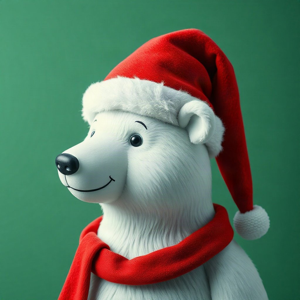 christmas pfp — santa hat on a cute polar bear, cozy claymation look, classic red and green