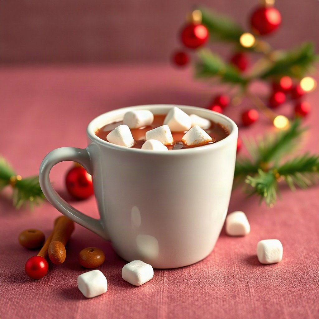 christmas pfp — mug of cocoa with marshmallows, soft 3d render, classic red and green