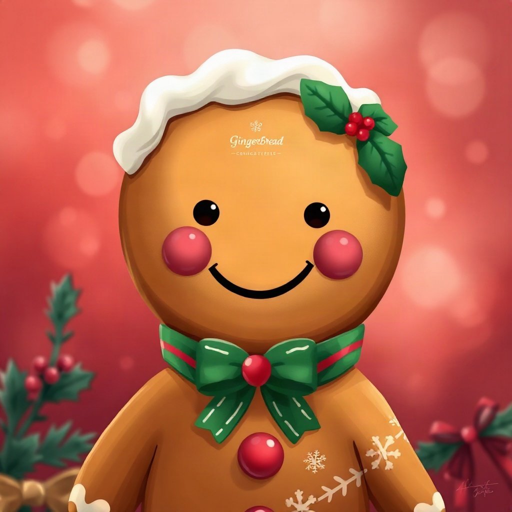 christmas pfp — gingerbread character smiling, warm digital painting, classic red and green