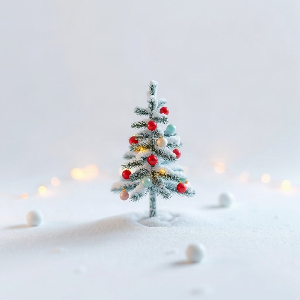 christmas pfp — tiny decorated tree in snow, soft 3d render, pastel candy christmas palette