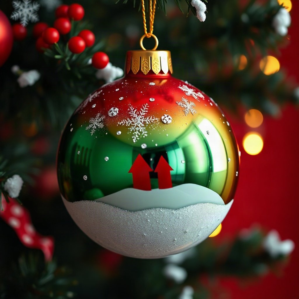christmas pfp — glossy ornament ball with snow reflection, cozy claymation look, classic red and green