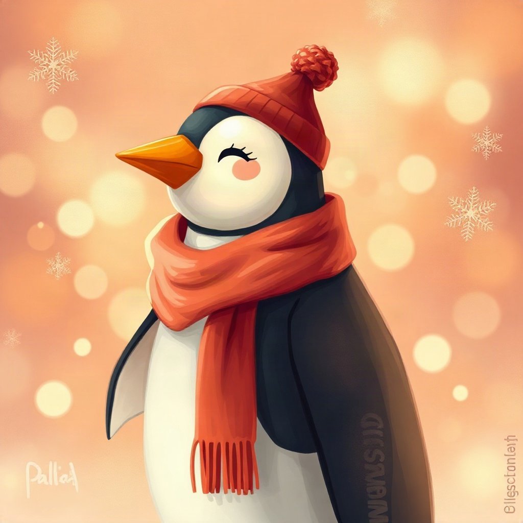 christmas pfp — cozy penguin in a scarf, warm digital painting, pastel candy christmas palette