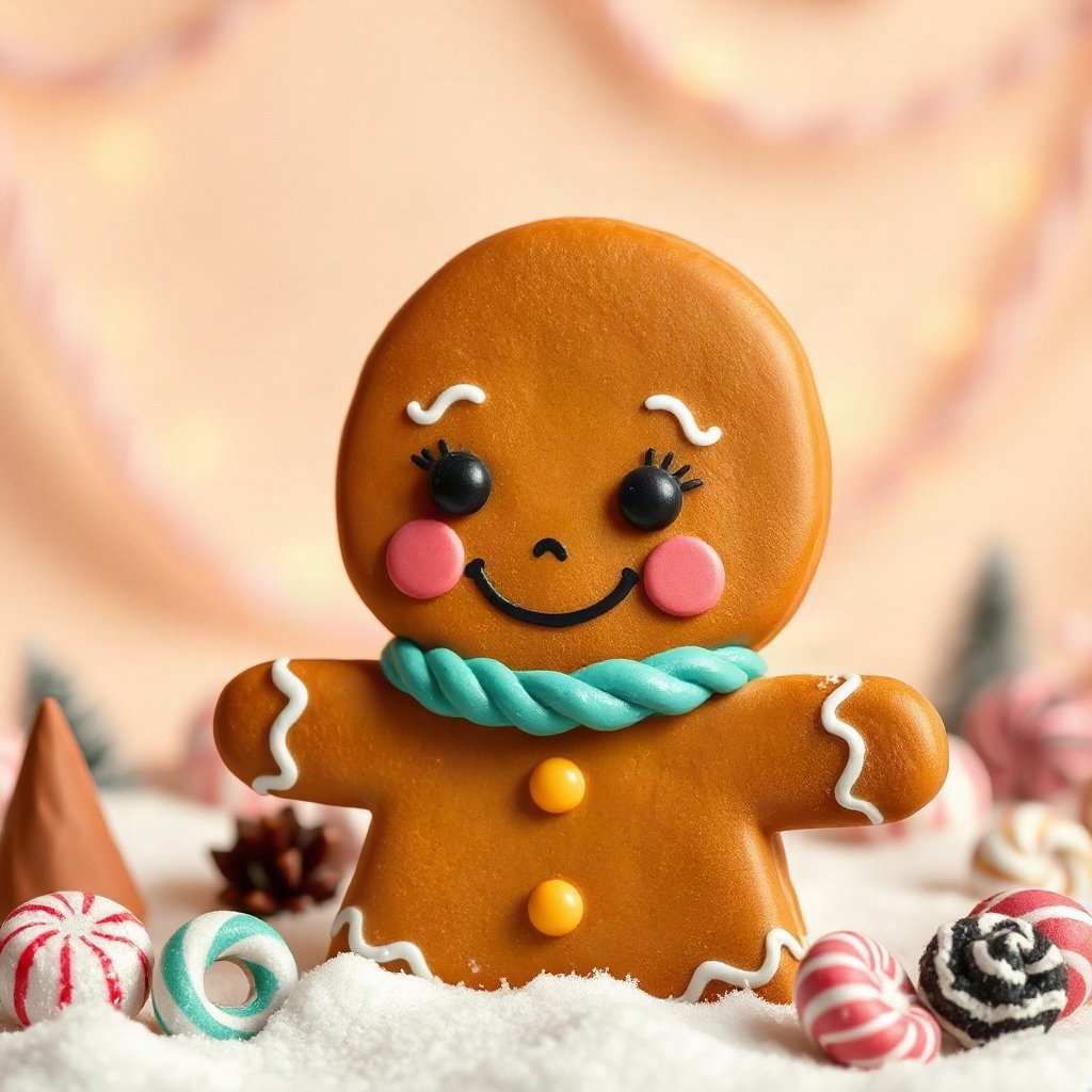 christmas pfp — gingerbread character smiling, cozy claymation look, pastel candy christmas palette