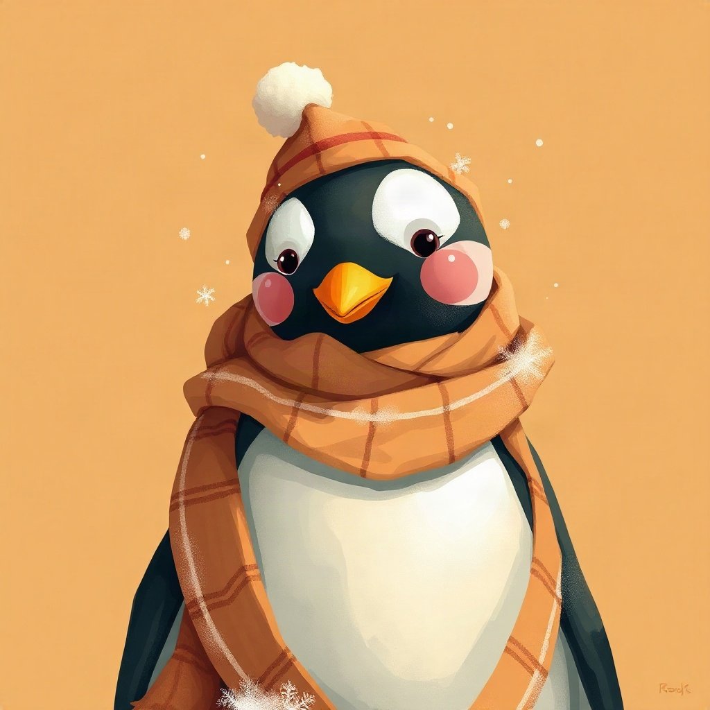 christmas pfp — cozy penguin in a scarf, warm digital painting, warm gold and cream