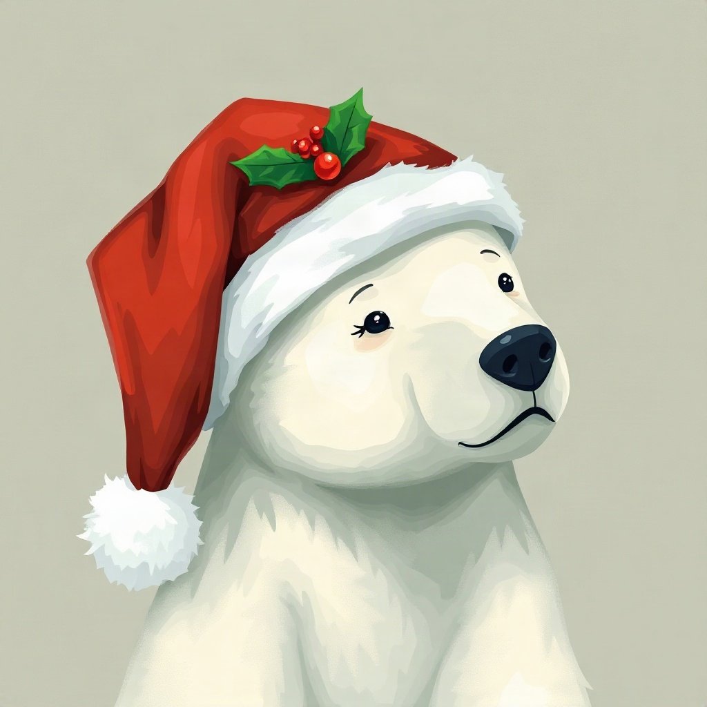 christmas pfp — santa hat on a cute polar bear, warm digital painting, classic red and green