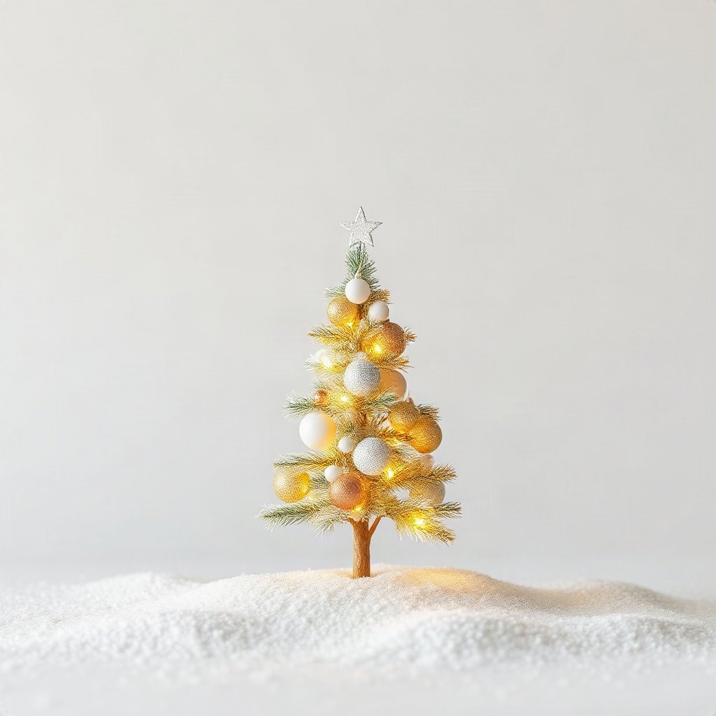 christmas pfp — tiny decorated tree in snow, soft 3d render, warm gold and cream