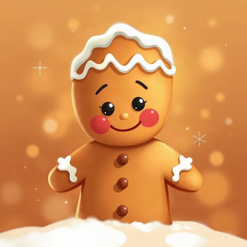 christmas pfp — gingerbread character smiling, warm digital painting, warm gold and cream