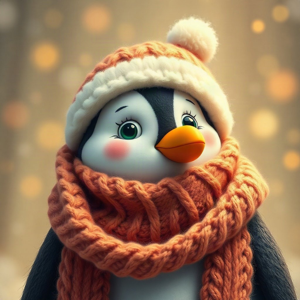 christmas pfp — cozy penguin in a scarf, cozy claymation look, warm gold and cream