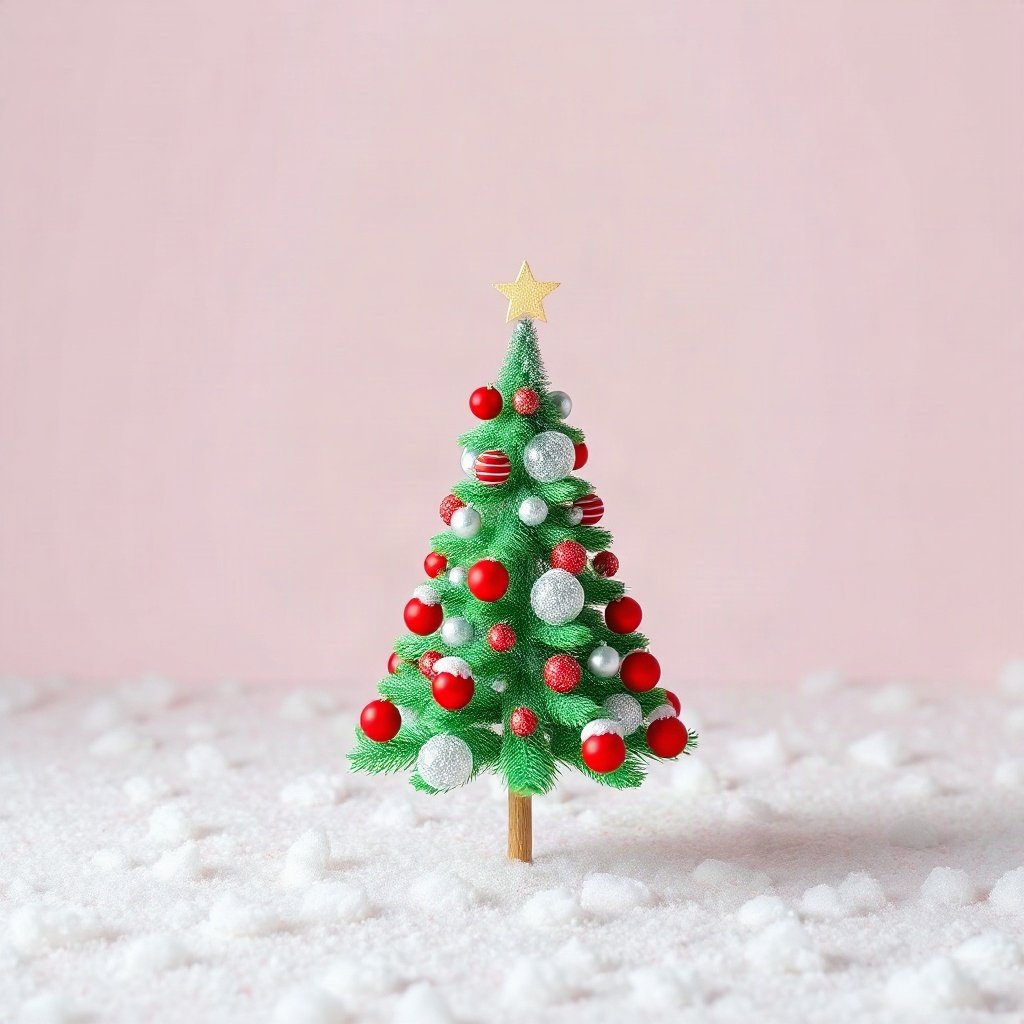 christmas pfp — tiny decorated tree in snow, soft 3d render, classic red and green