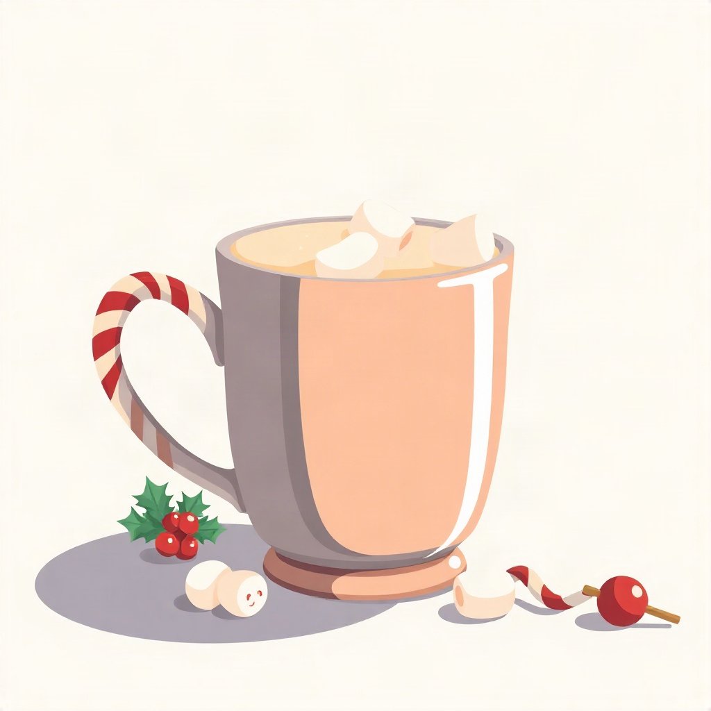 christmas pfp — mug of cocoa with marshmallows, flat festive cartoon, pastel candy christmas palette