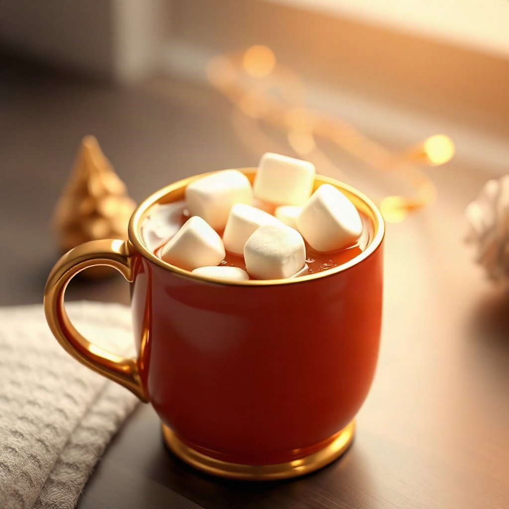 christmas pfp — mug of cocoa with marshmallows, soft 3d render, warm gold and cream