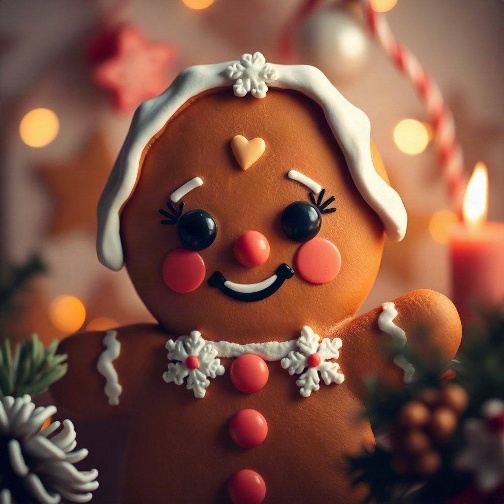 christmas pfp — gingerbread character smiling, cozy claymation look, pastel candy christmas palette
