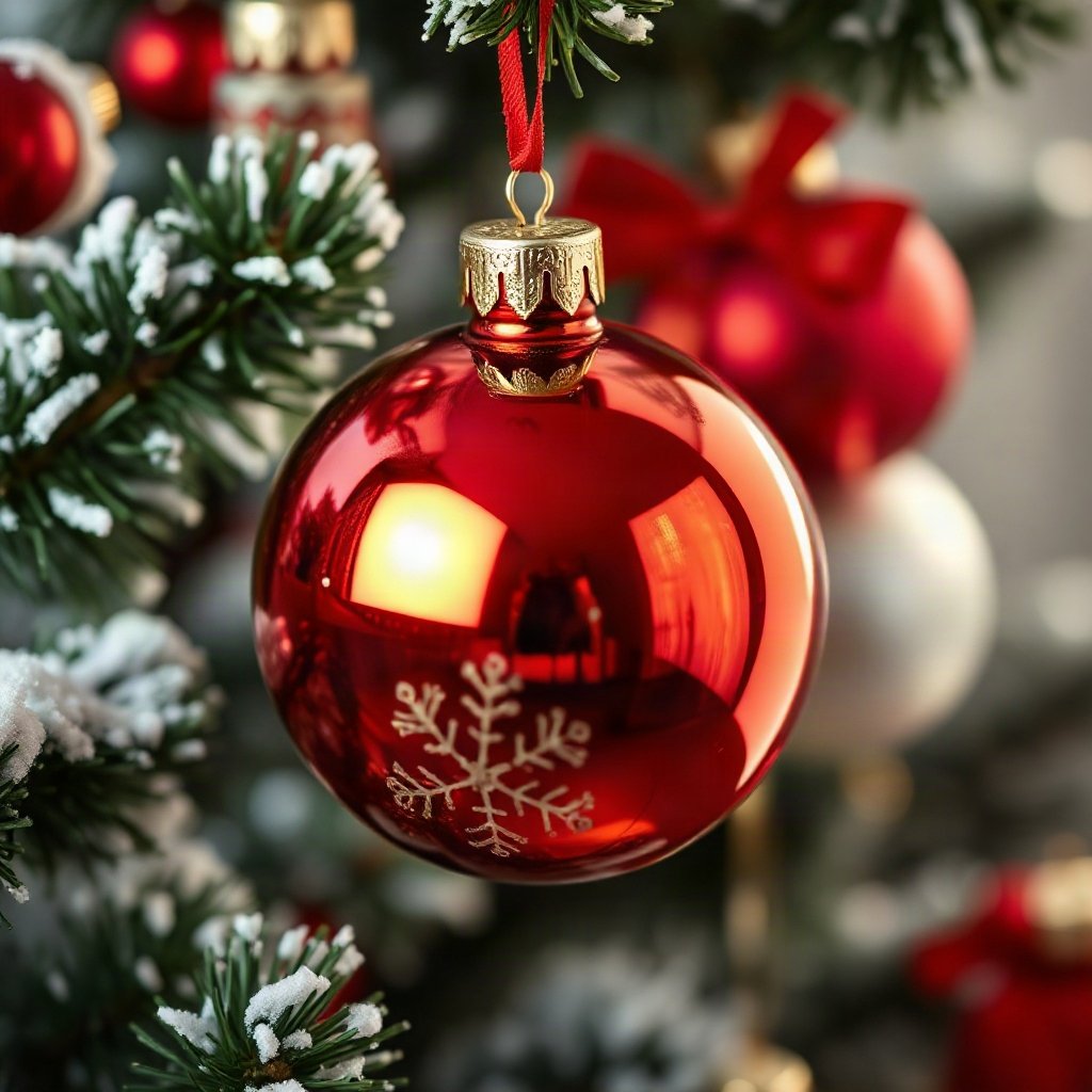 christmas pfp — glossy ornament ball with snow reflection, cozy claymation look, classic red and green