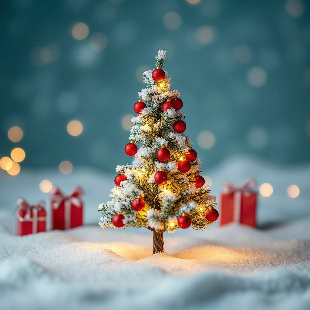 christmas pfp — tiny decorated tree in snow, cozy claymation look, pastel candy christmas palette