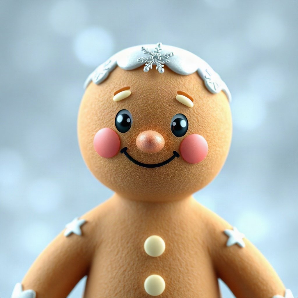 christmas pfp — gingerbread character smiling, soft 3d render, icy blue and silver