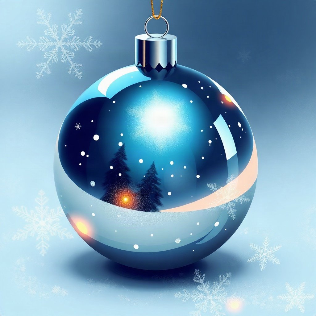 christmas pfp — glossy ornament ball with snow reflection, warm digital painting, icy blue and silver