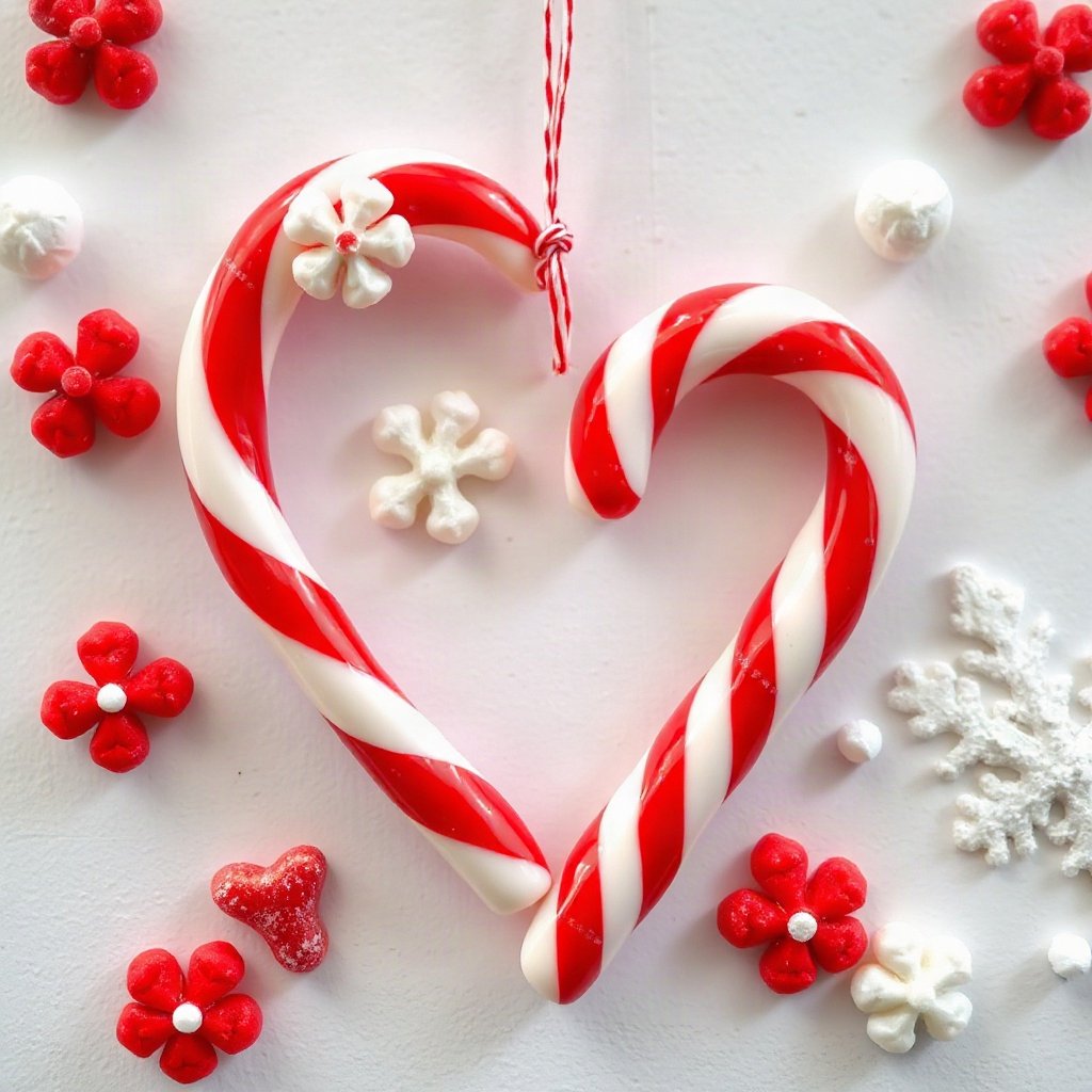 christmas pfp — candy cane heart shape, cozy claymation look, pastel candy christmas palette