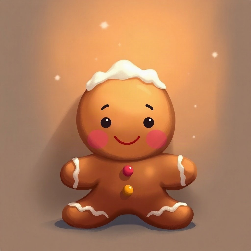 christmas pfp — gingerbread character smiling, warm digital painting, pastel candy christmas palette