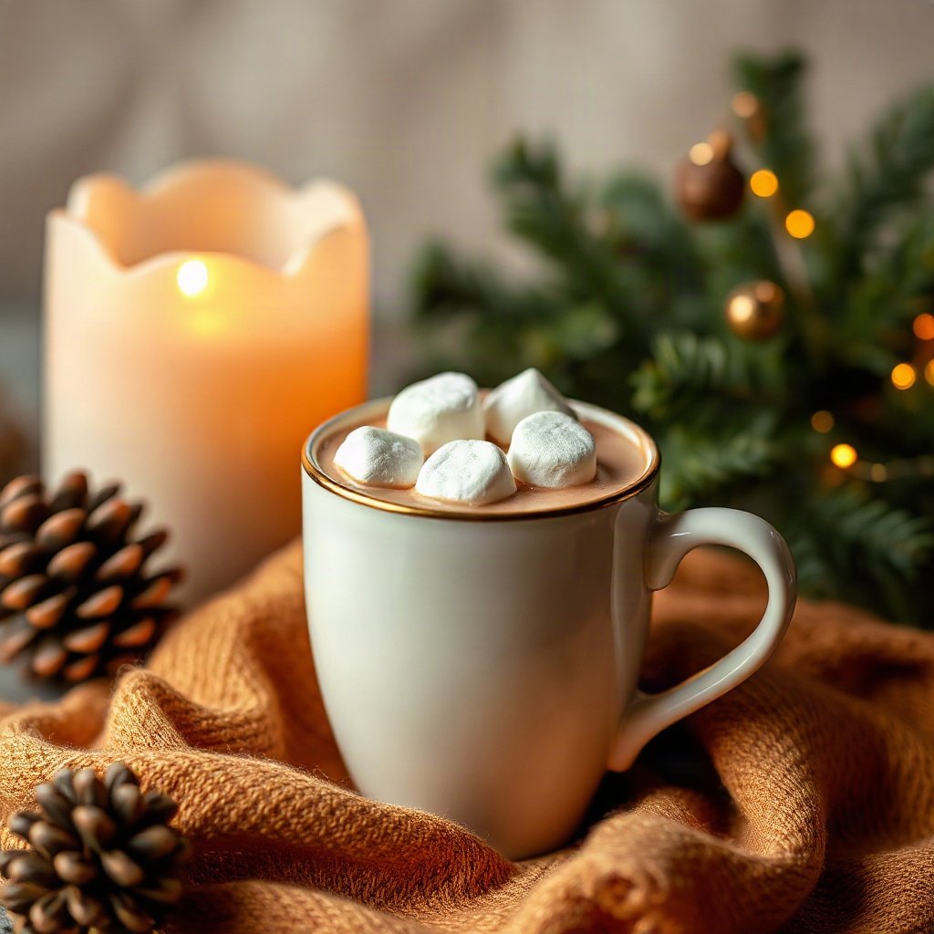christmas pfp — mug of cocoa with marshmallows, cozy claymation look, warm gold and cream