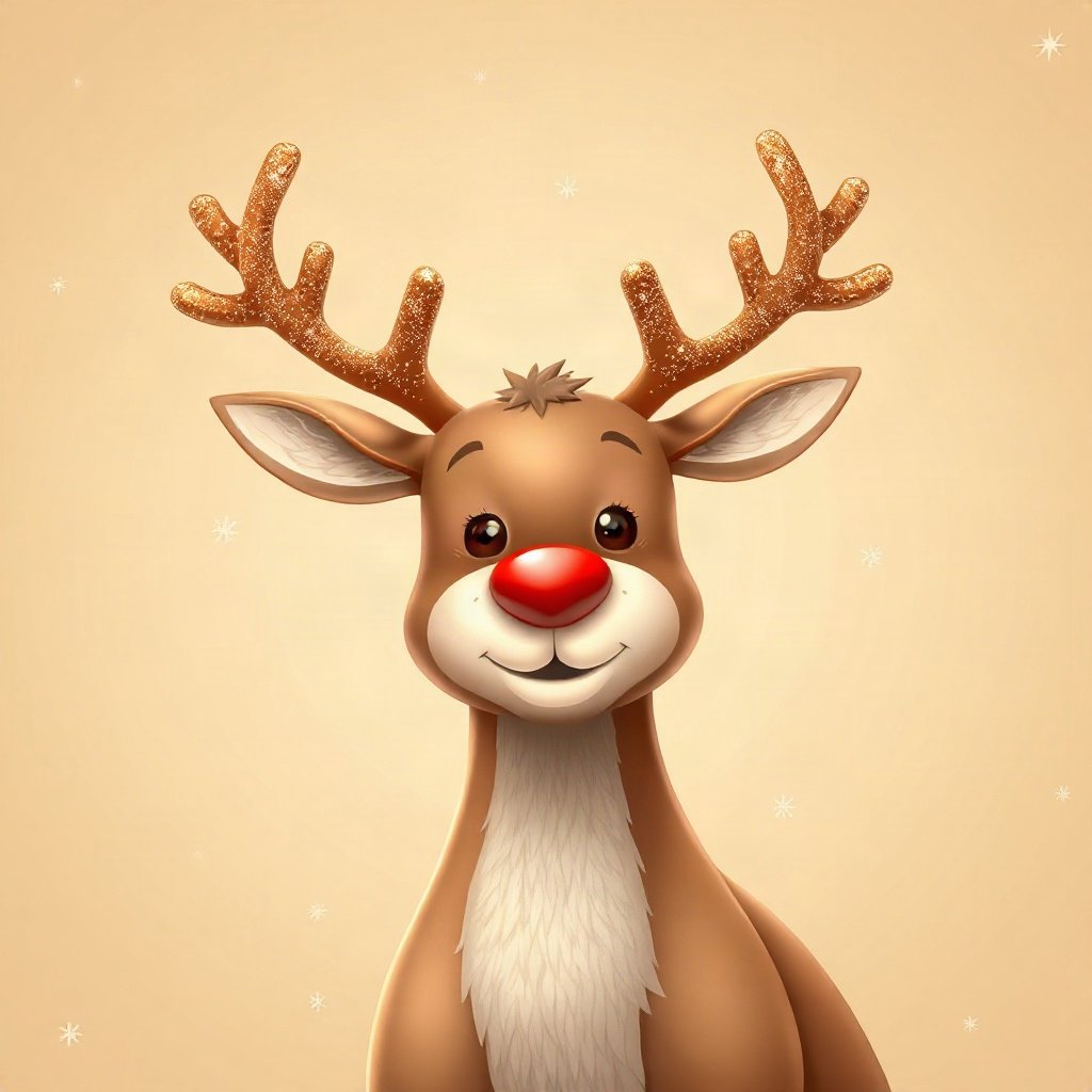 christmas pfp — reindeer with red nose cartoon, cozy claymation look, warm gold and cream