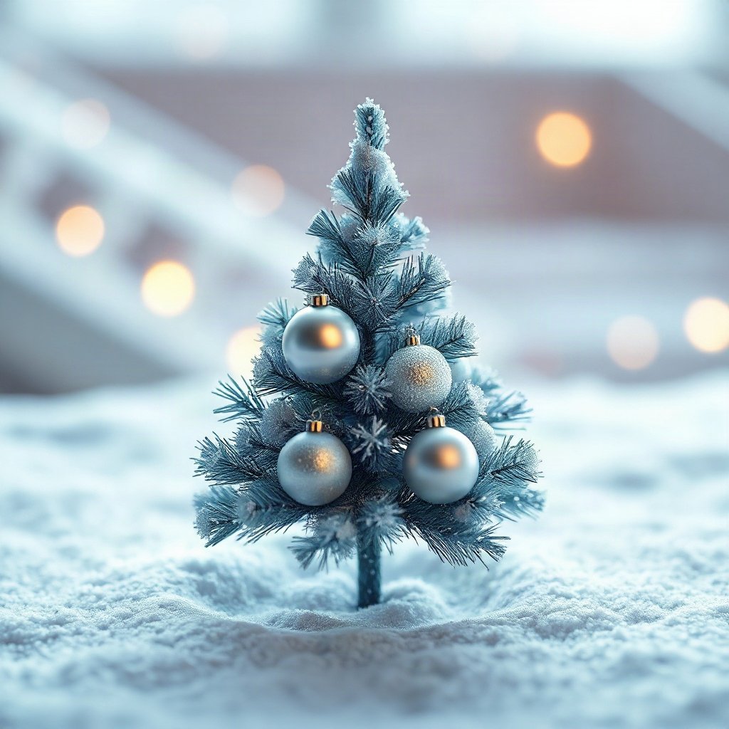 christmas pfp — tiny decorated tree in snow, soft 3d render, icy blue and silver