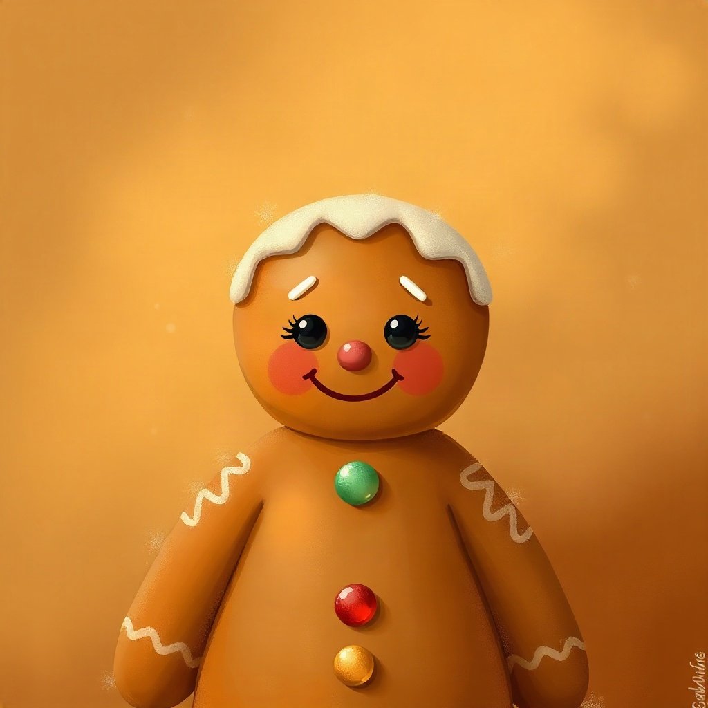 christmas pfp — gingerbread character smiling, warm digital painting, warm gold and cream