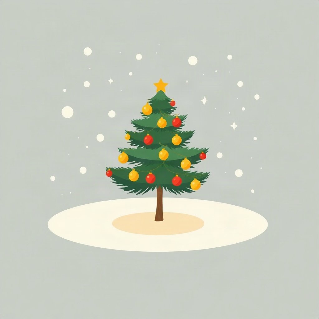 christmas pfp — tiny decorated tree in snow, flat festive cartoon, warm gold and cream