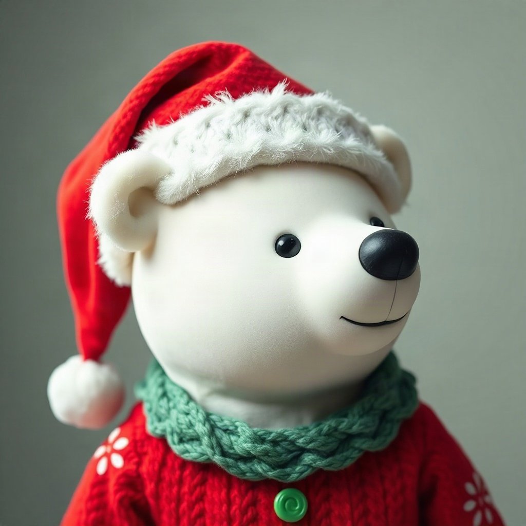 christmas pfp — santa hat on a cute polar bear, cozy claymation look, classic red and green