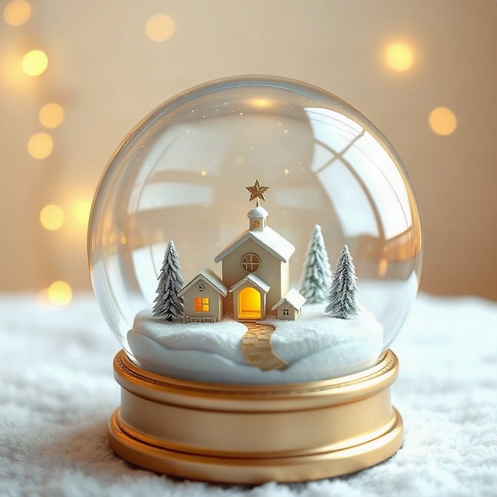 christmas pfp — snow globe with tiny village, soft 3d render, warm gold and cream