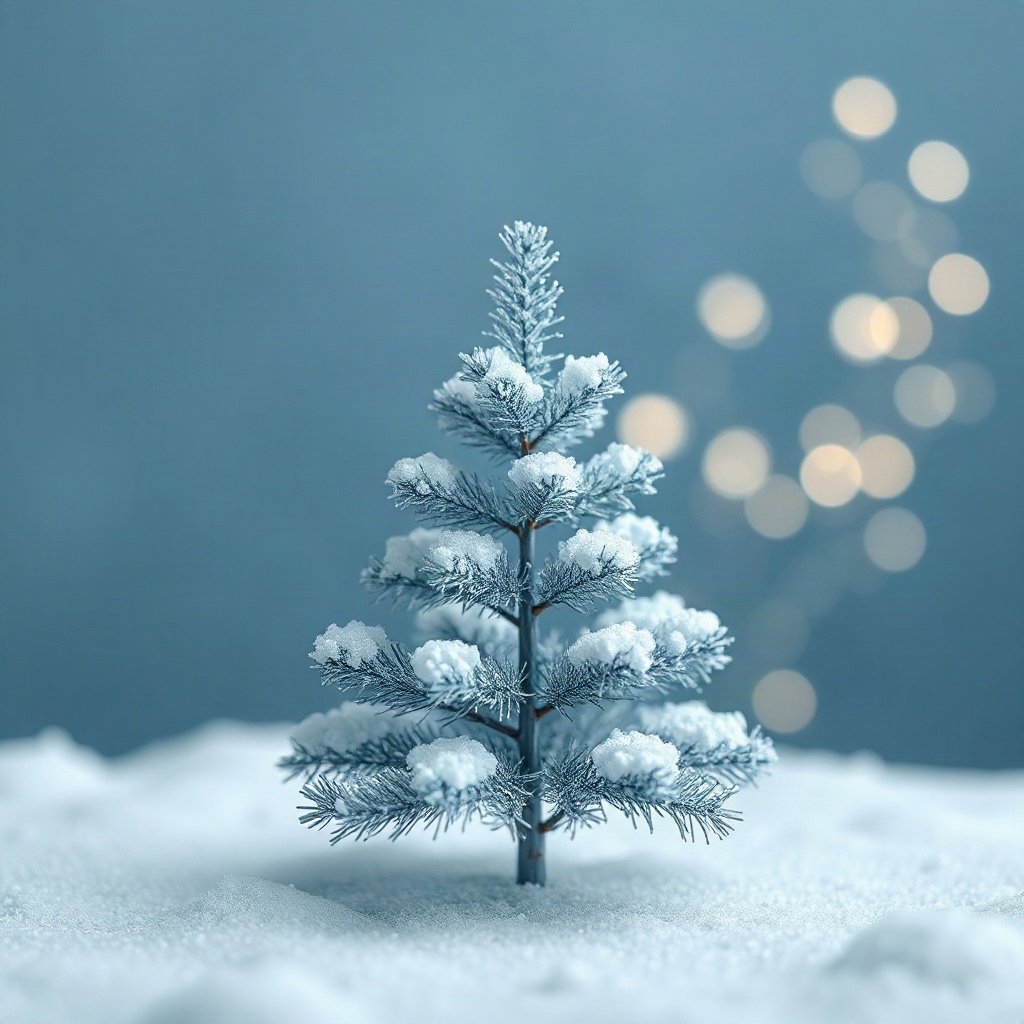 christmas pfp — tiny decorated tree in snow, soft 3d render, icy blue and silver