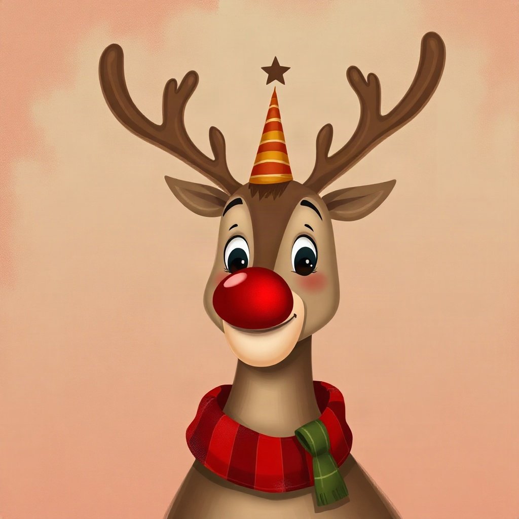 christmas pfp — reindeer with red nose cartoon, warm digital painting, classic red and green