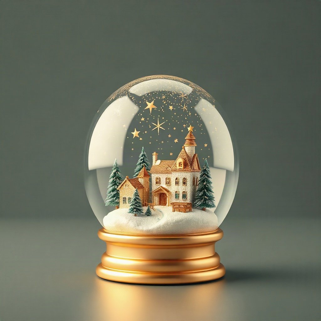 christmas pfp — snow globe with tiny village, soft 3d render, warm gold and cream