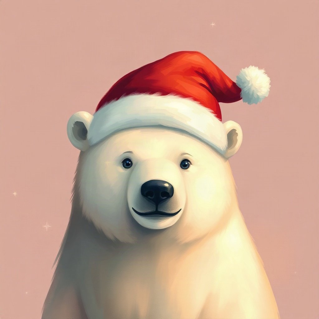 christmas pfp — santa hat on a cute polar bear, warm digital painting, pastel candy christmas palette