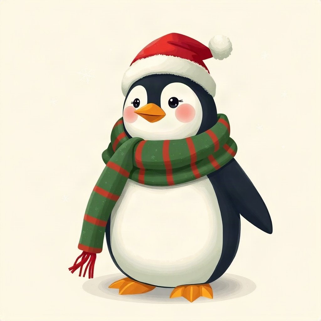 christmas pfp — cozy penguin in a scarf, cozy claymation look, classic red and green