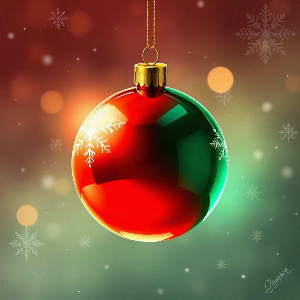 christmas pfp — glossy ornament ball with snow reflection, warm digital painting, classic red and green