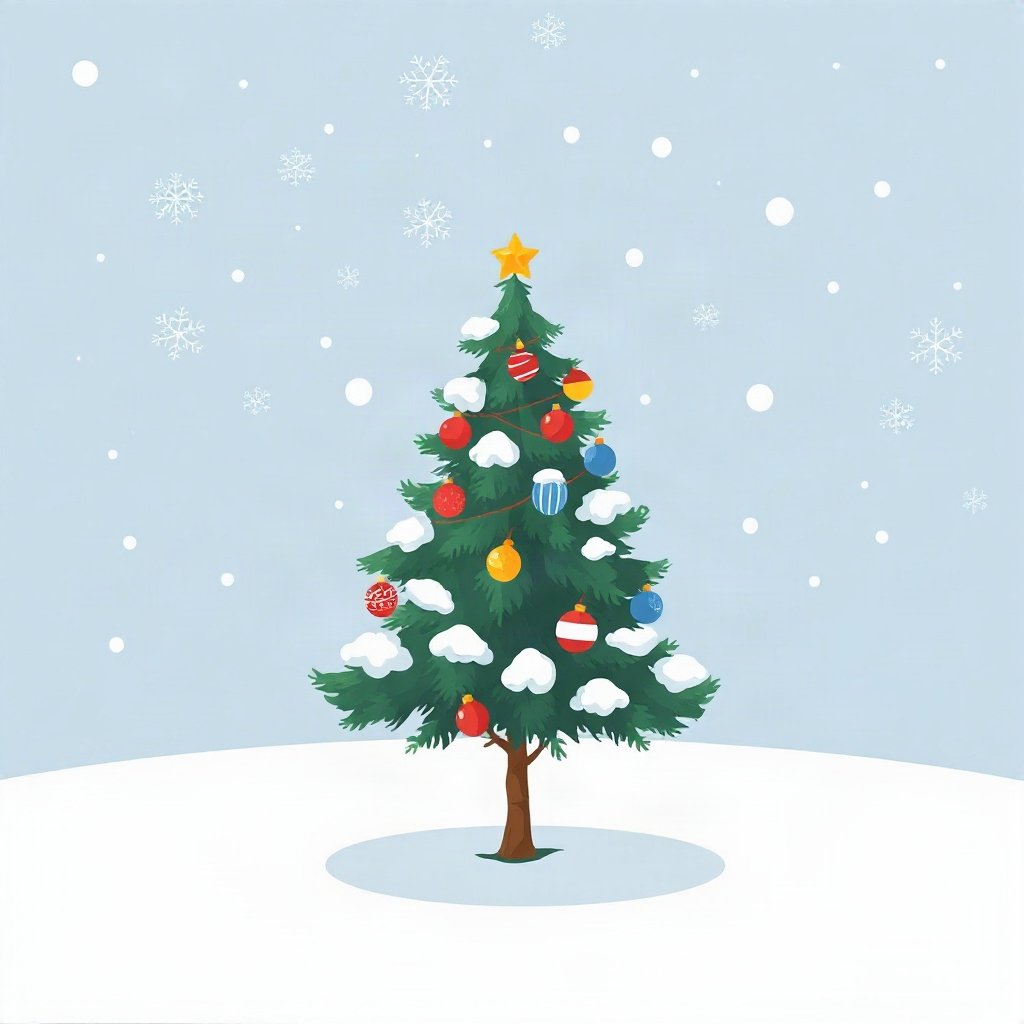 christmas pfp — tiny decorated tree in snow, flat festive cartoon, icy blue and silver