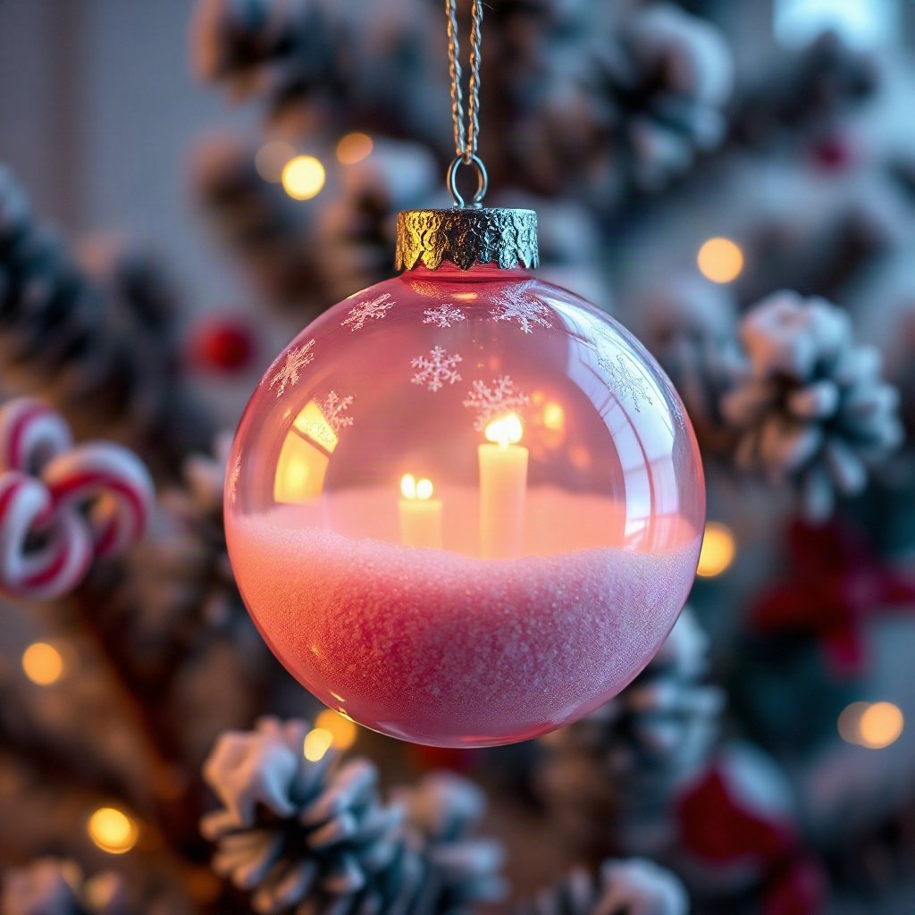 christmas pfp — glossy ornament ball with snow reflection, cozy claymation look, pastel candy christmas palette
