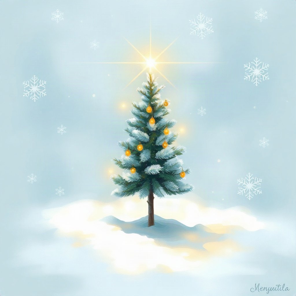 christmas pfp — tiny decorated tree in snow, warm digital painting, icy blue and silver