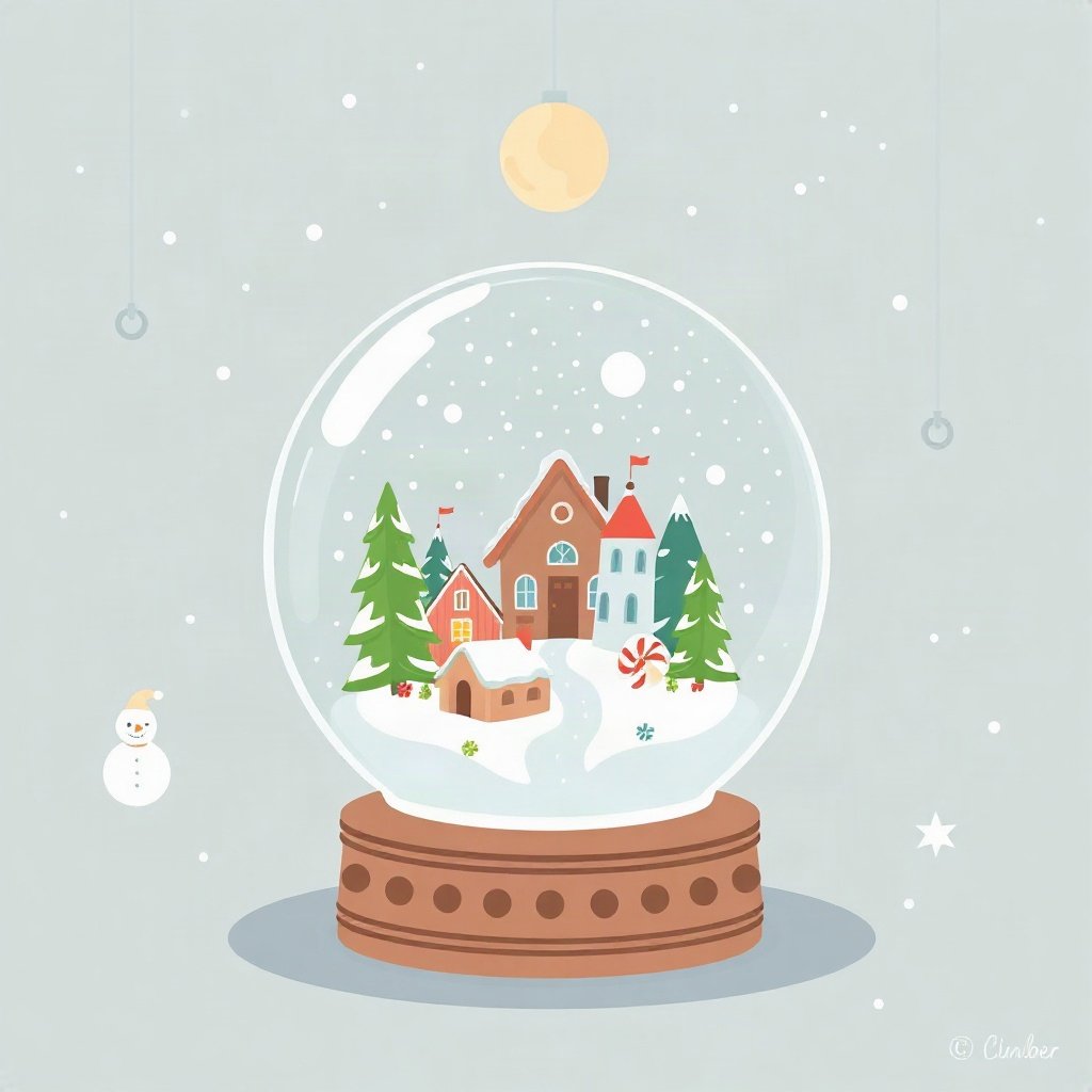 christmas pfp — snow globe with tiny village, flat festive cartoon, pastel candy christmas palette