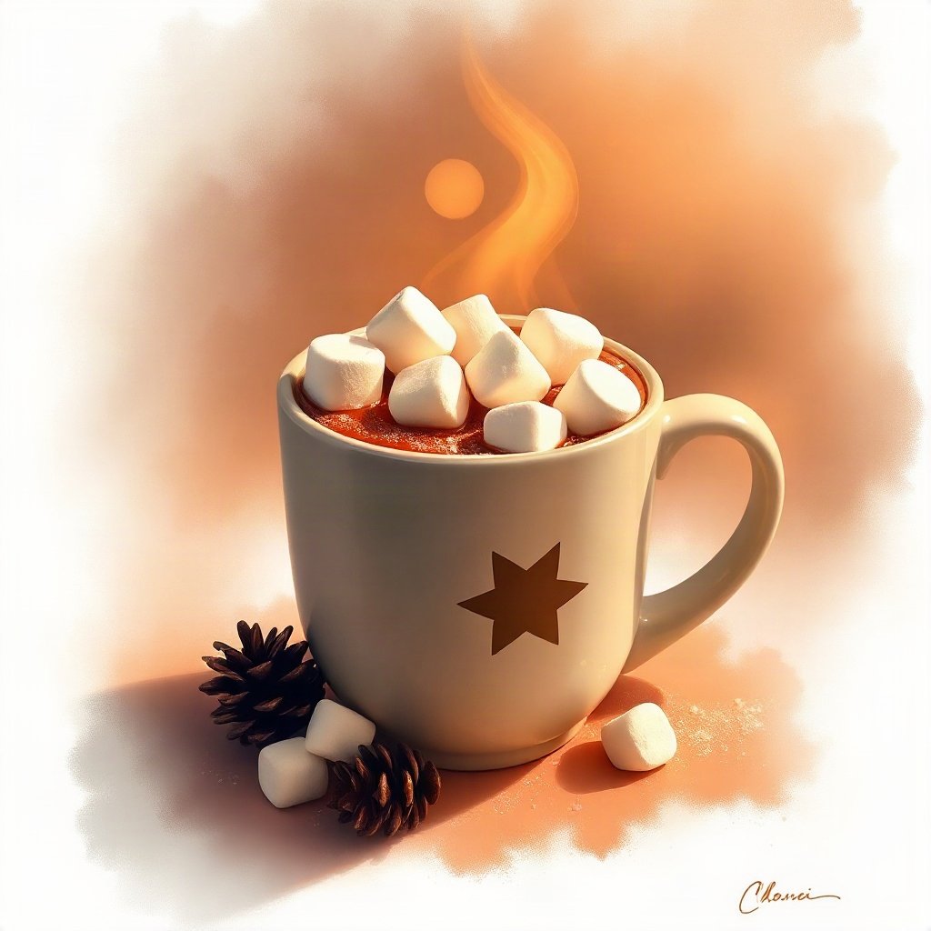christmas pfp — mug of cocoa with marshmallows, warm digital painting, warm gold and cream