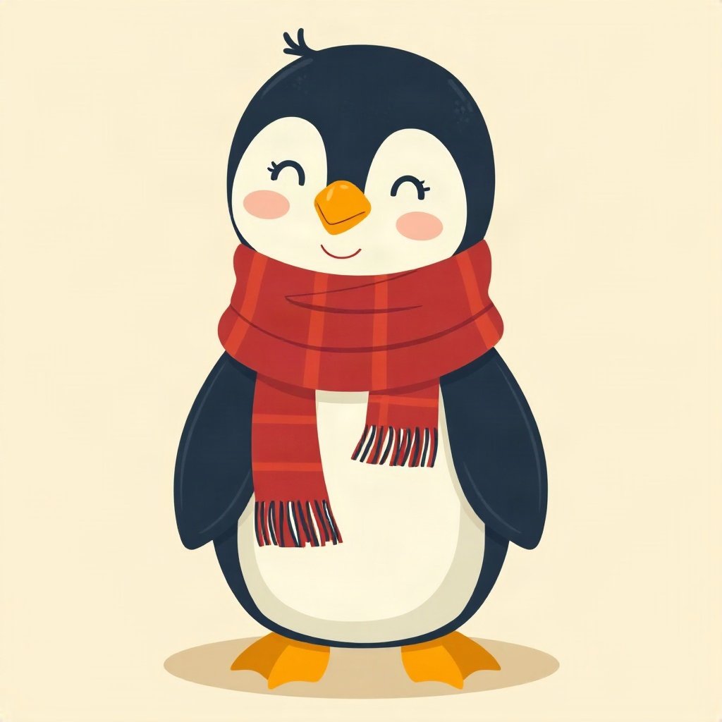 christmas pfp — cozy penguin in a scarf, flat festive cartoon, warm gold and cream