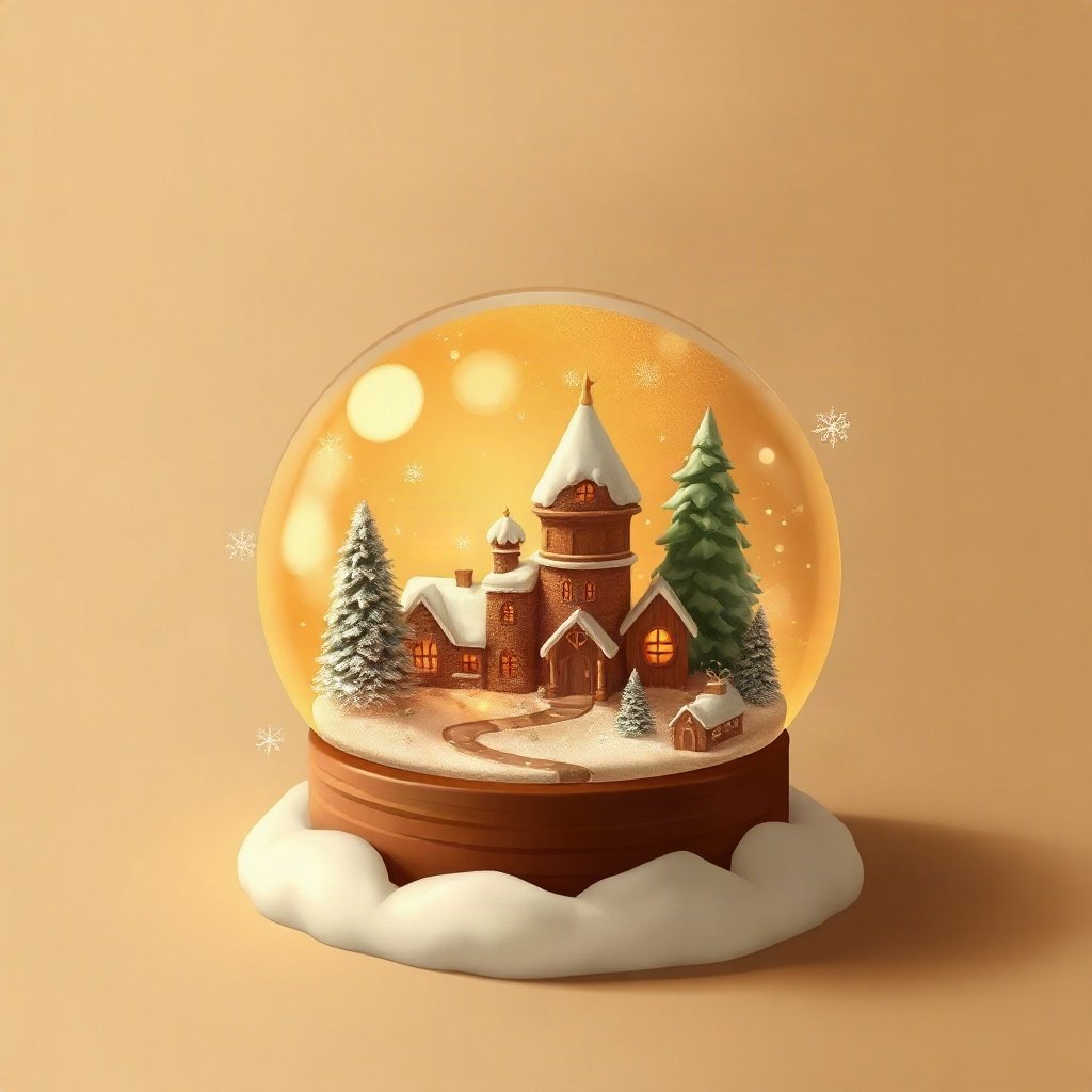 christmas pfp — snow globe with tiny village, warm digital painting, warm gold and cream