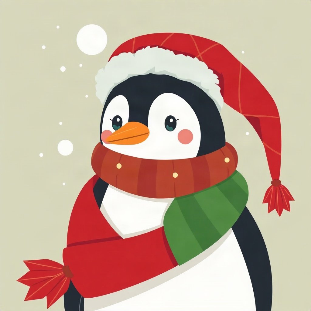 christmas pfp — cozy penguin in a scarf, flat festive cartoon, classic red and green
