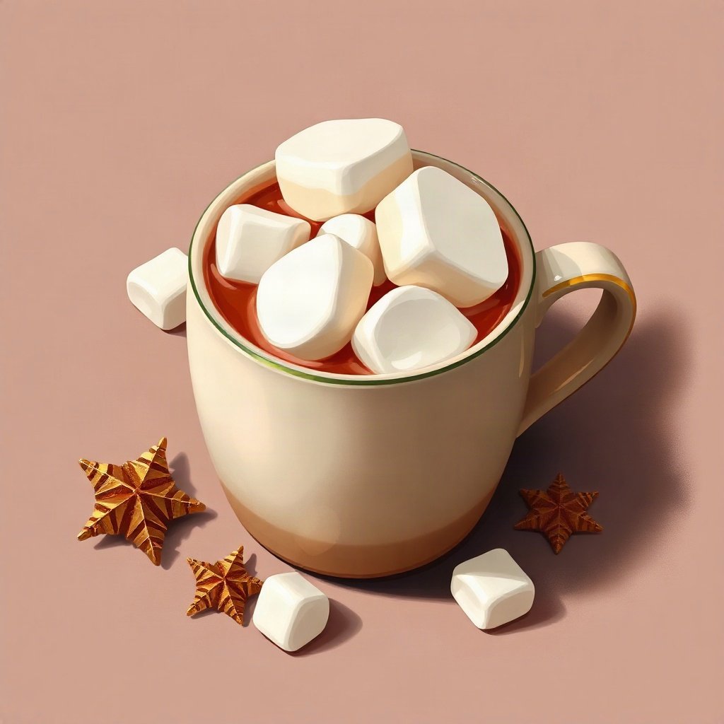 christmas pfp — mug of cocoa with marshmallows, warm digital painting, warm gold and cream